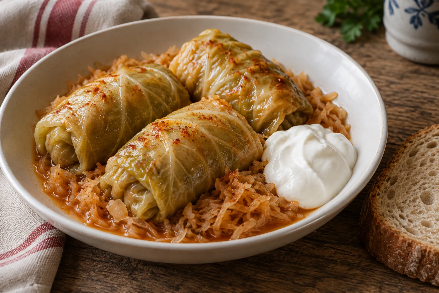 Cooked cabbage-leaf parcels on shredded paprika-seasoned sauerkraut with sour cream in a white bowl