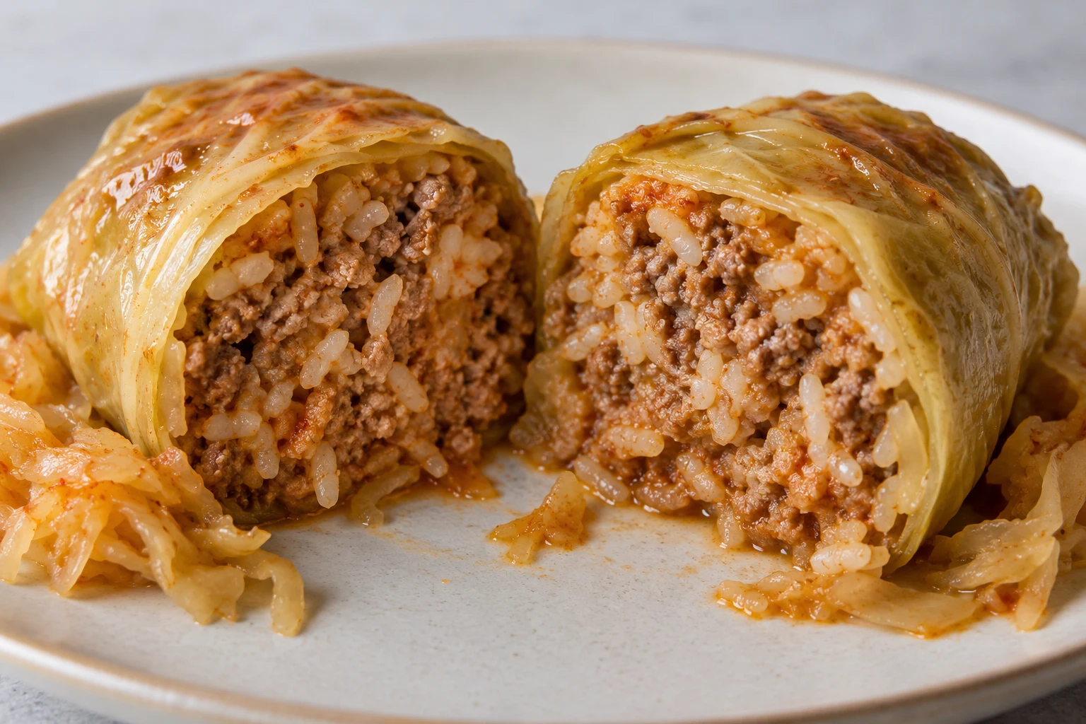 Two cut halves of a cooked cabbage roll showing gray-brown pork filling and tender white rice inside soft cabbage leaves