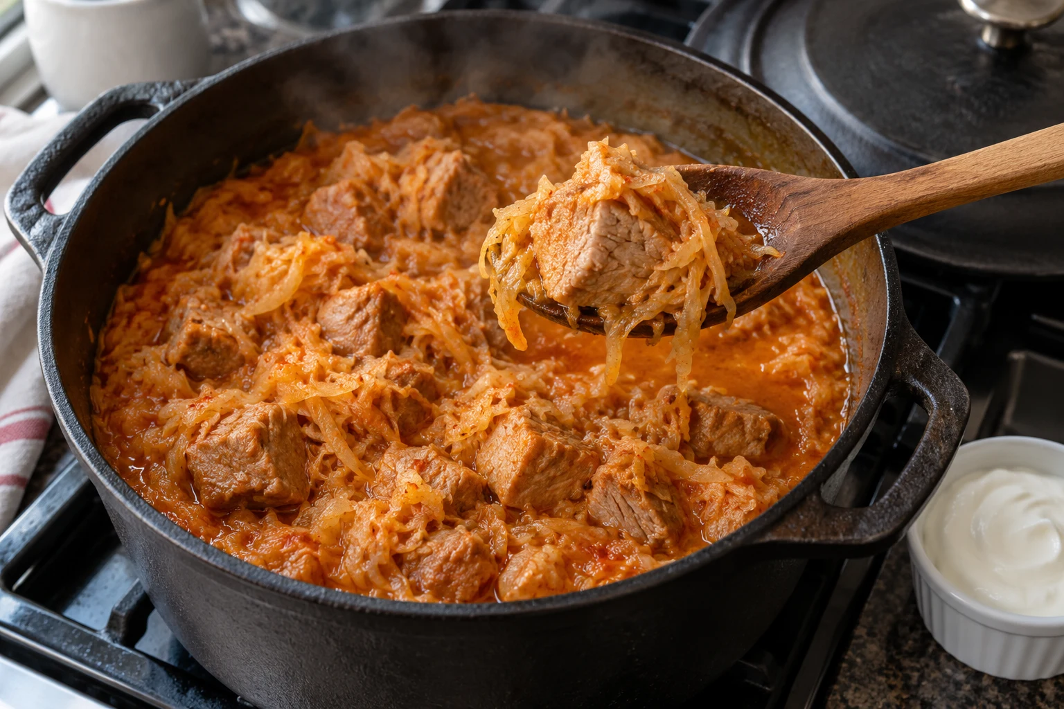 Cooked pork and sauerkraut in a Dutch oven with sour cream in a separate ramekin