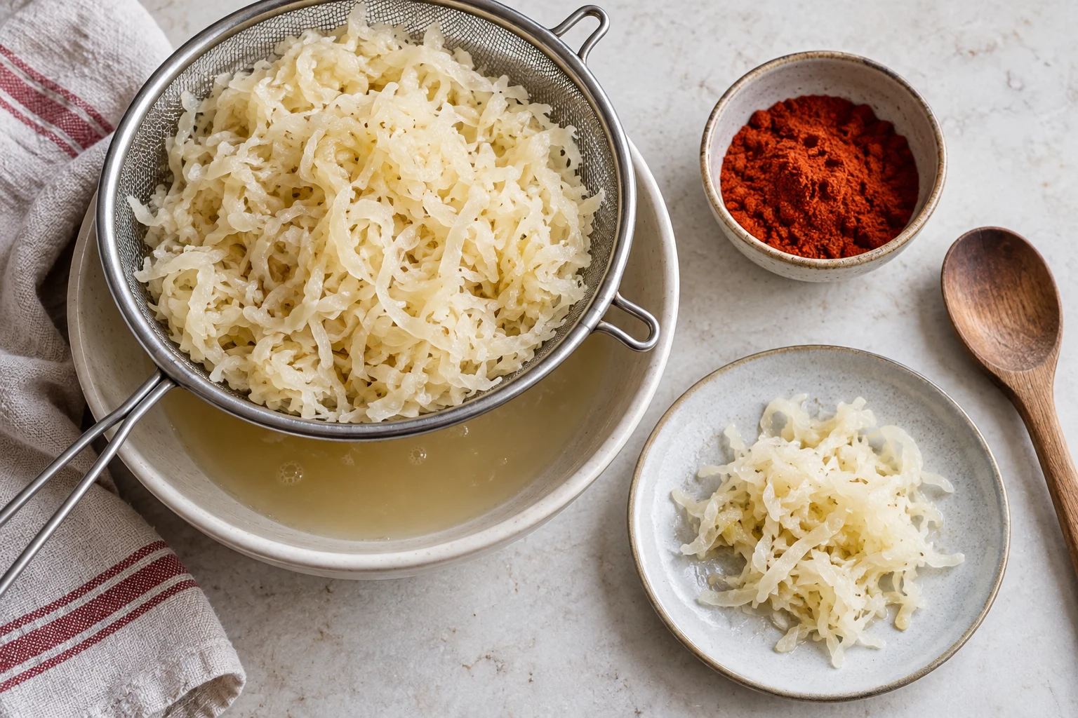 Shredded sauerkraut draining in a sieve above a bowl of brine with paprika nearby