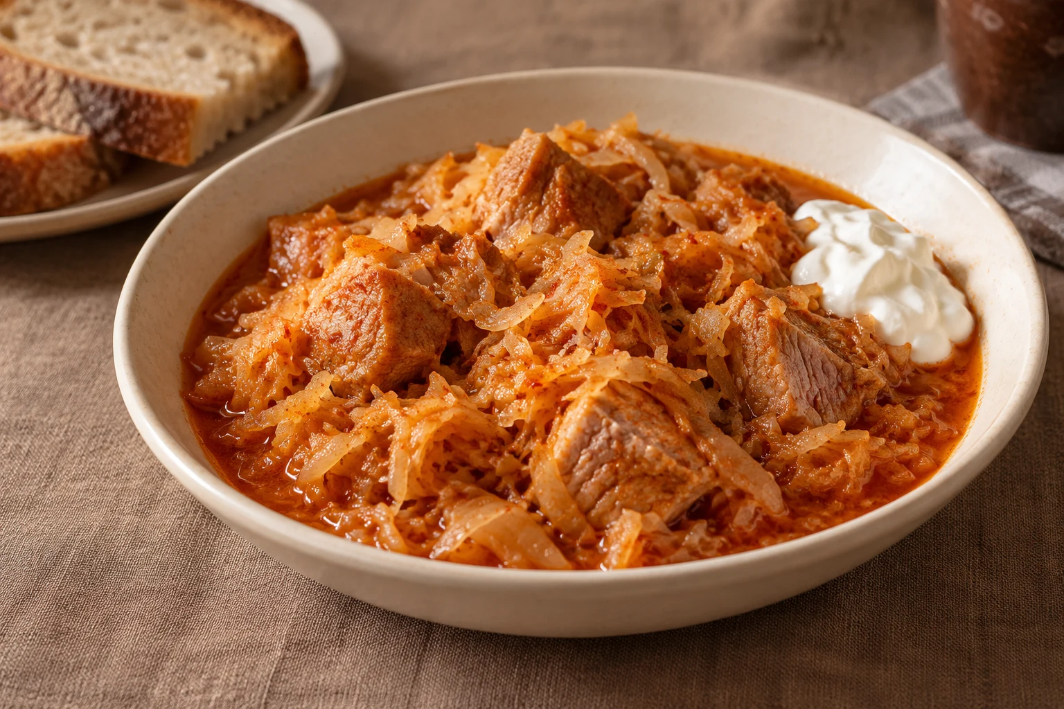 Paprika-colored pork and sauerkraut stew with a sour cream dollop and bread beside the bowl