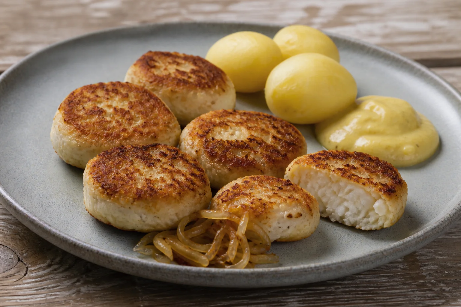 Golden Icelandic fish balls with potatoes, fried onions, and curry sauce