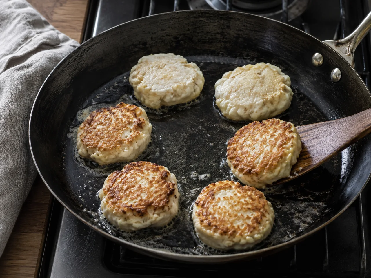 Six Icelandic fish balls browning in a dark skillet
