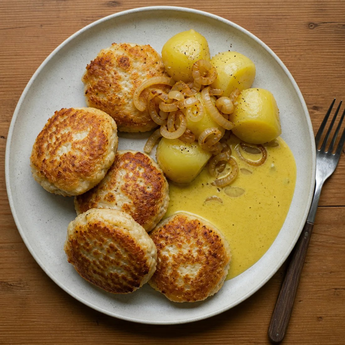 Overhead plate of Icelandic fish balls, potatoes, onions, and curry sauce