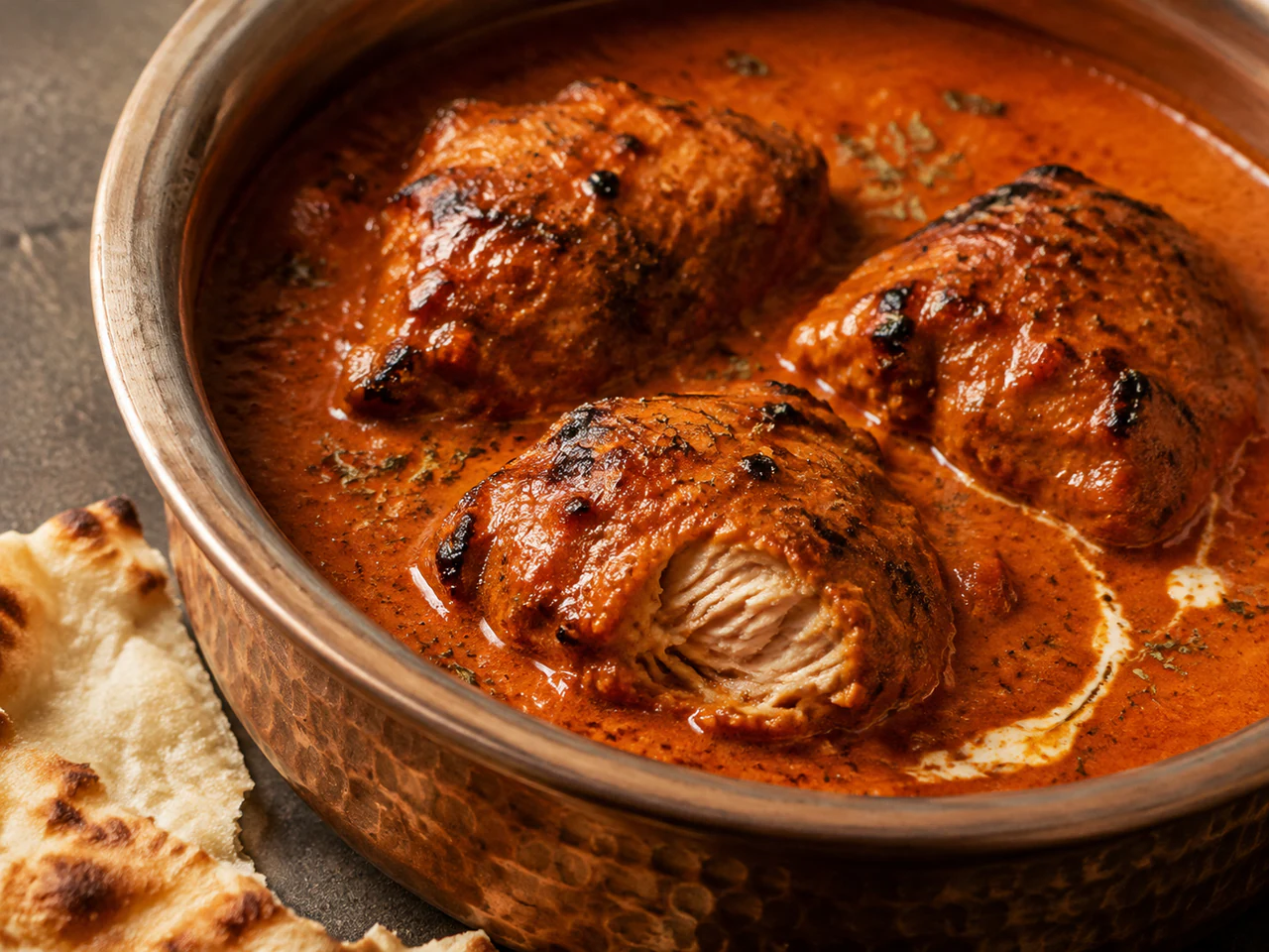 Close view of charred chicken in smooth tomato-butter sauce