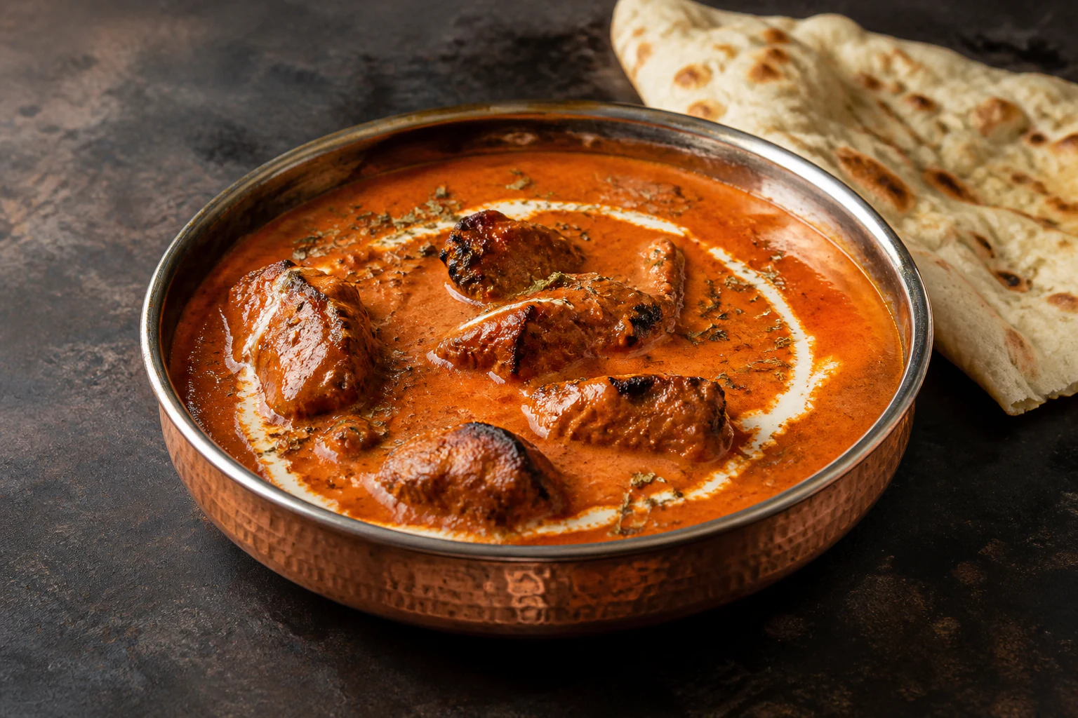 Butter chicken in a copper serving bowl with naan