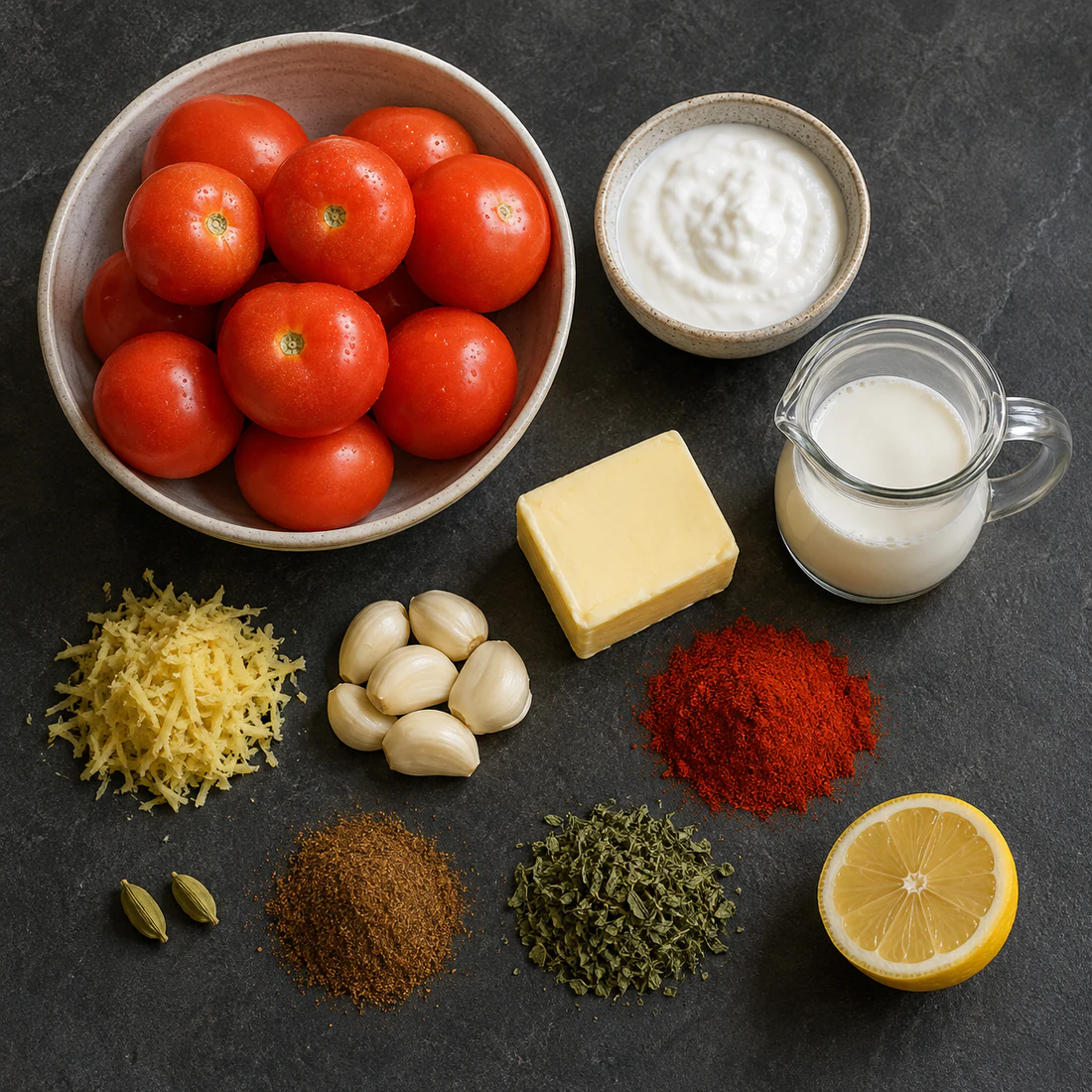 Tomatoes, yogurt, cream, butter, aromatics, and spices for butter chicken