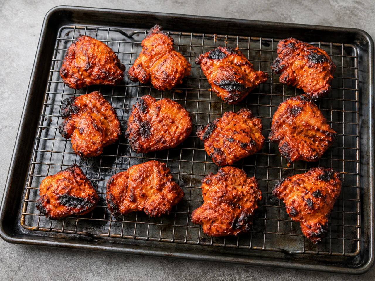 Roasted yogurt-marinated chicken pieces on a wire rack