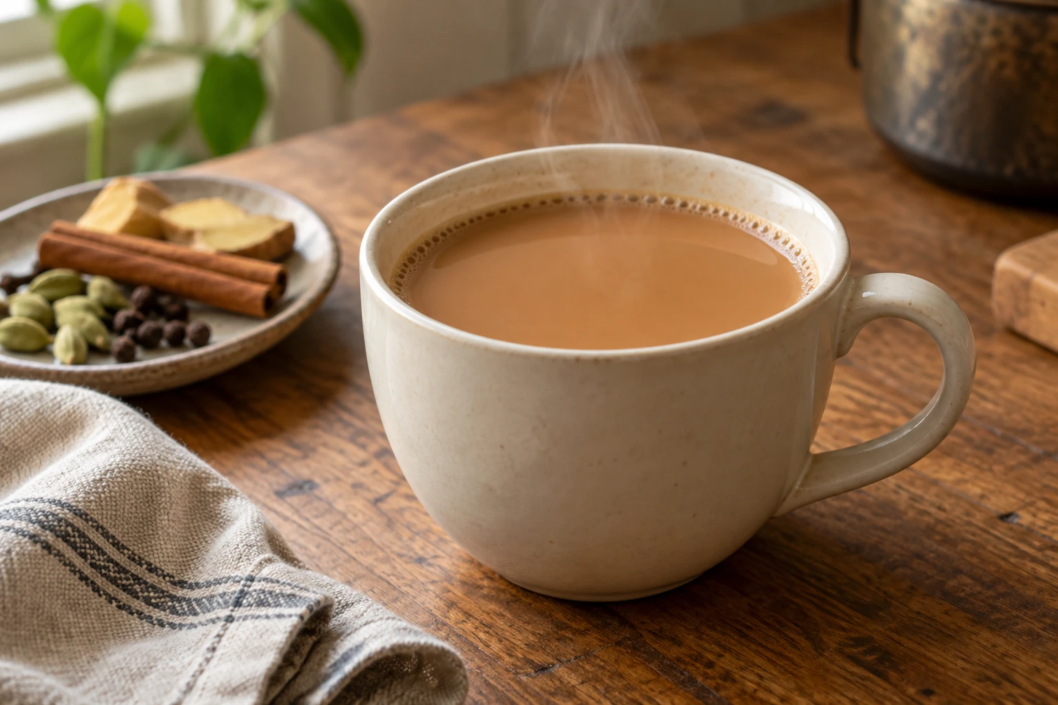 A cream ceramic cup filled with warm brown masala chai, with spices on a plate behind it