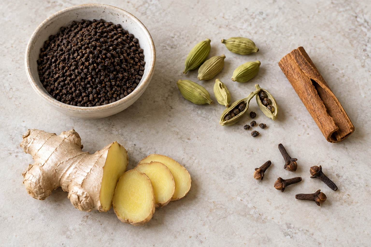 Granular black tea, green cardamom pods, cinnamon, sliced ginger and cloves arranged separately