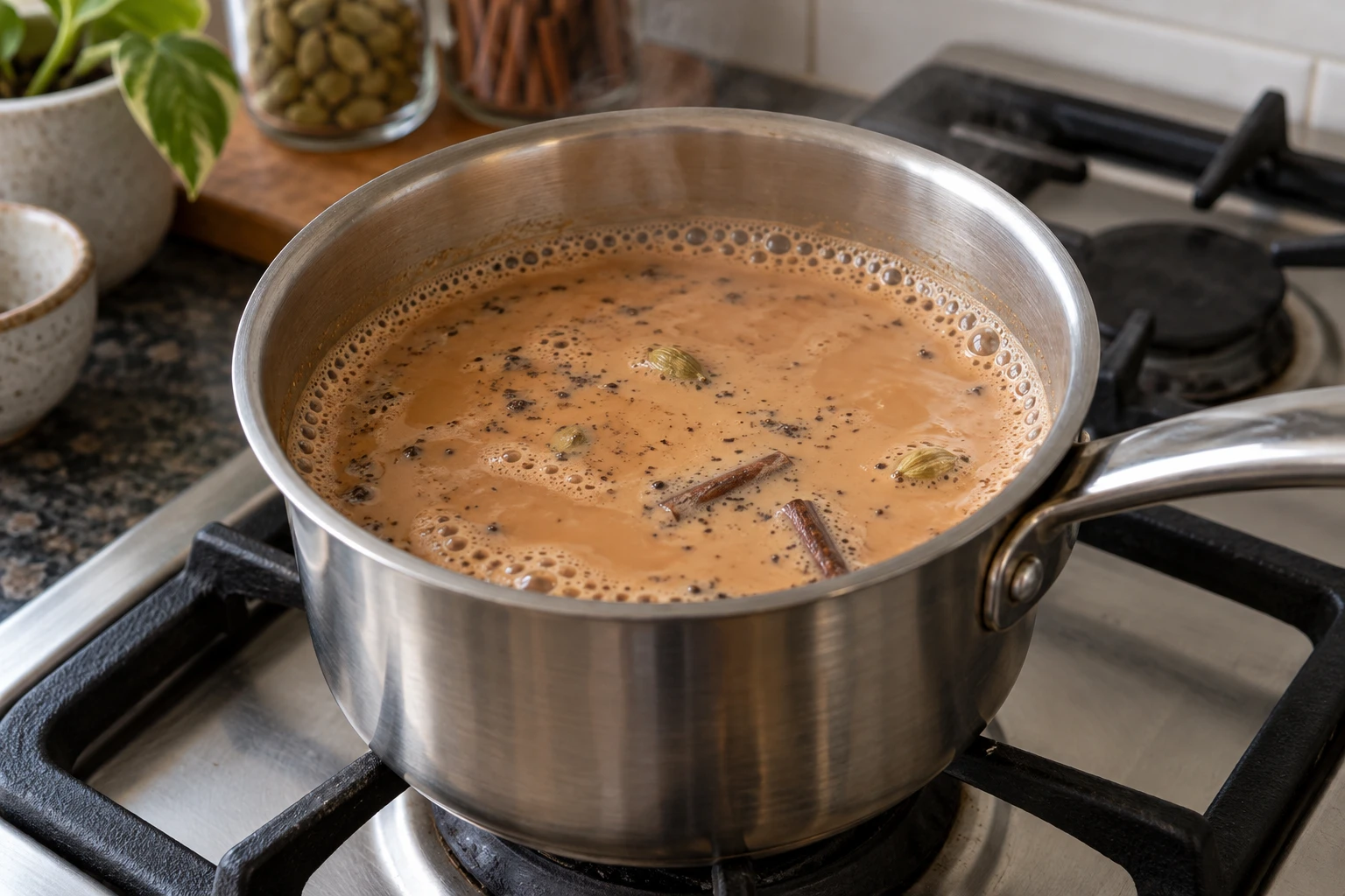 Brown milky tea with cardamom and cinnamon simmering gently in a stainless steel saucepan
