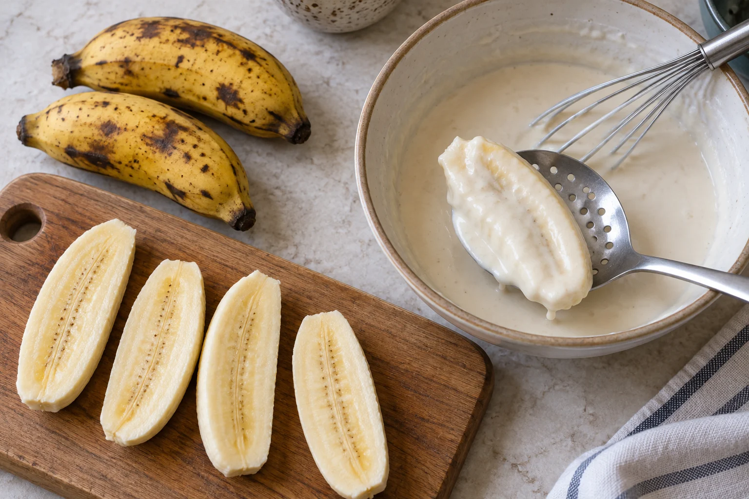 Ripe short bananas, peeled lengthwise halves and a bowl of coating batter