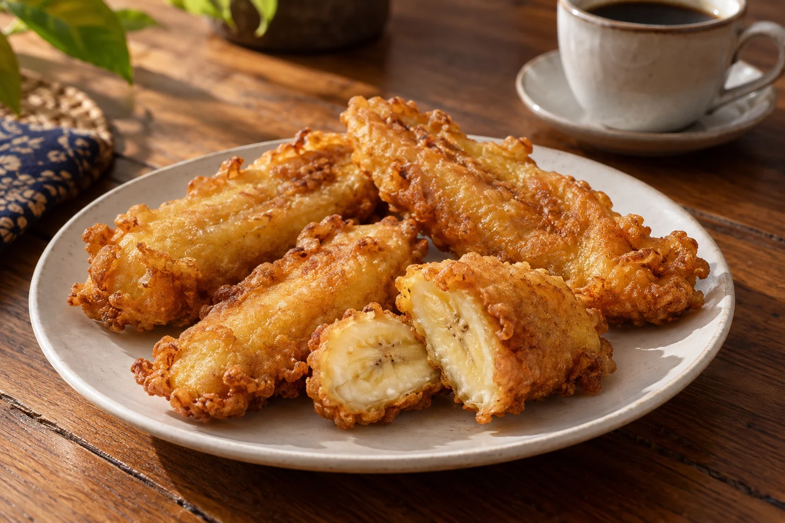 Golden elongated banana fritters with one cut open to show the soft banana center