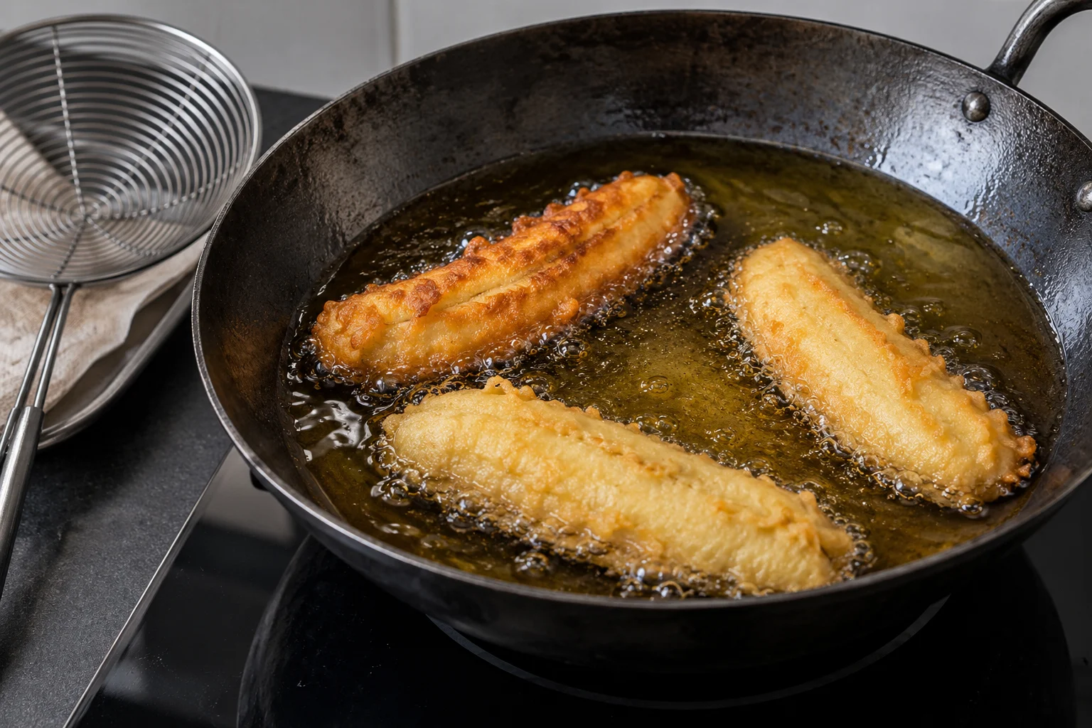 Three elongated battered banana halves frying separately in a wok