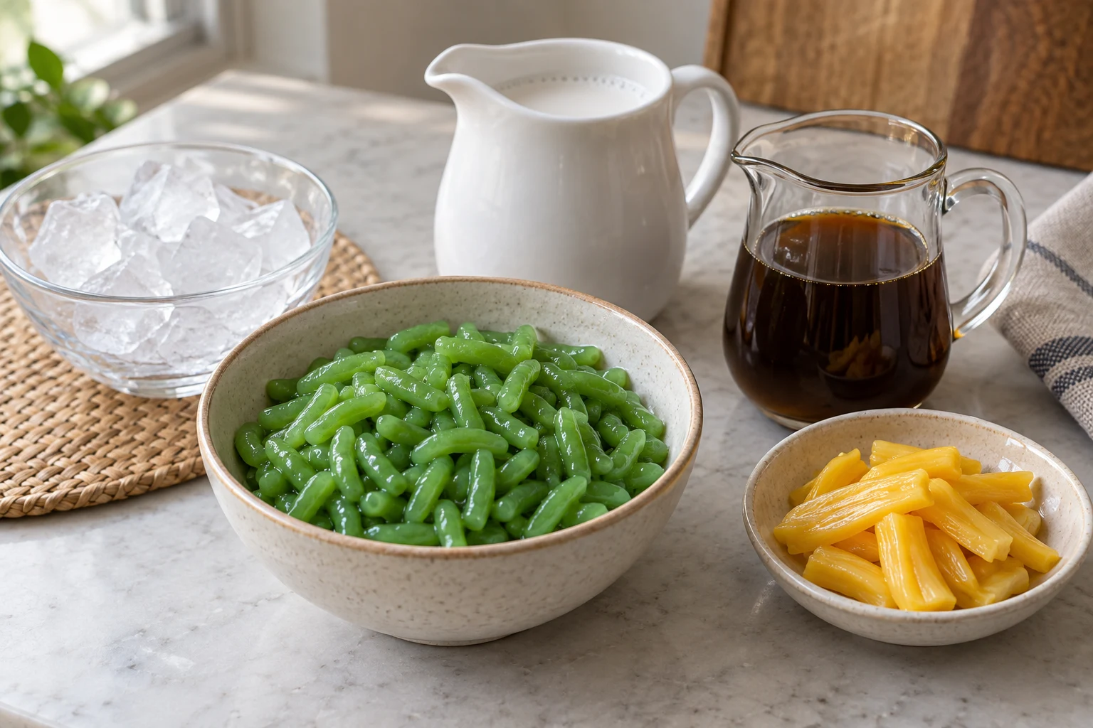 Separate green cendol jellies, coconut milk, palm sugar syrup, ice and yellow jackfruit