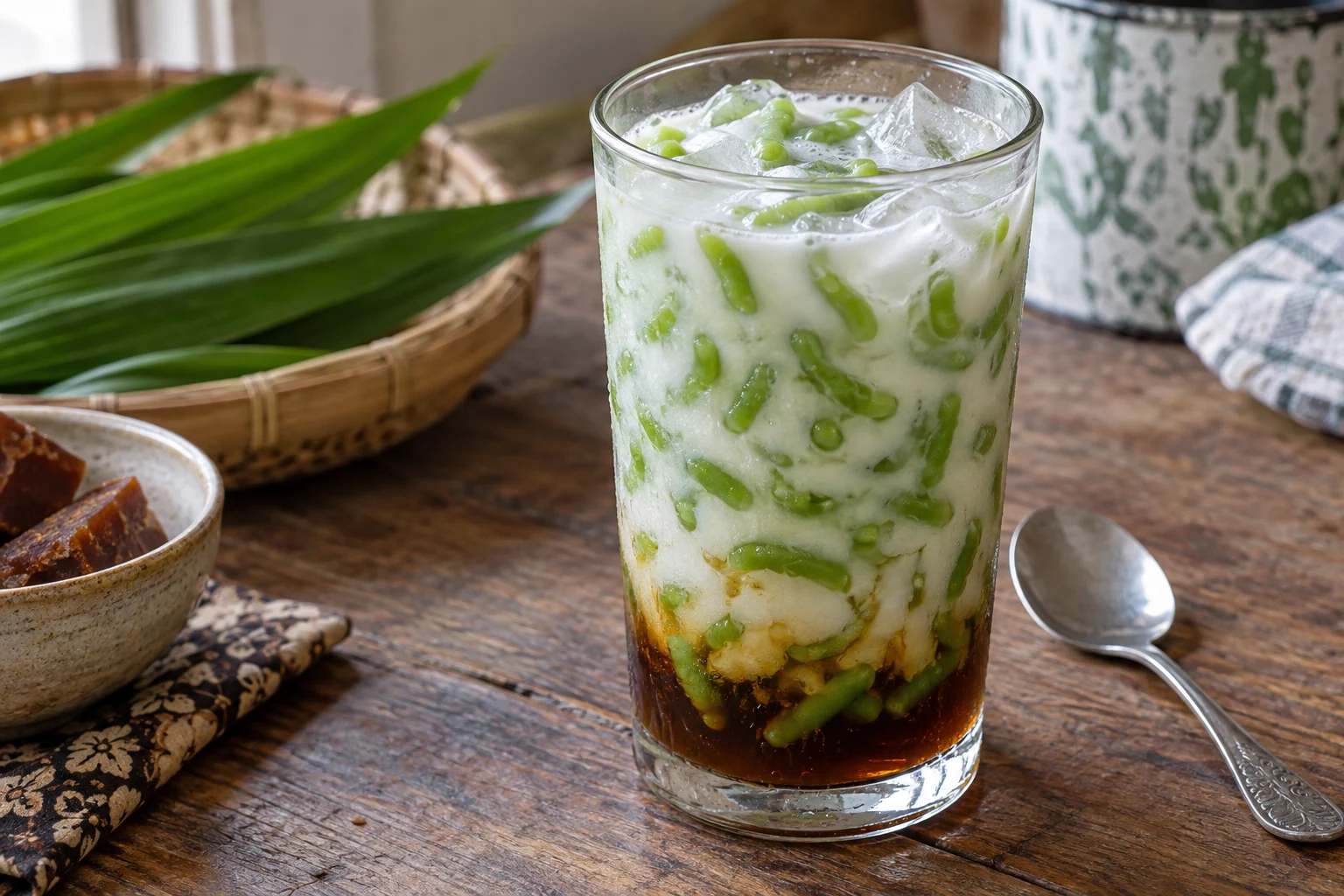 A glass of short green cendol jellies with coconut milk, brown palm sugar syrup and ice