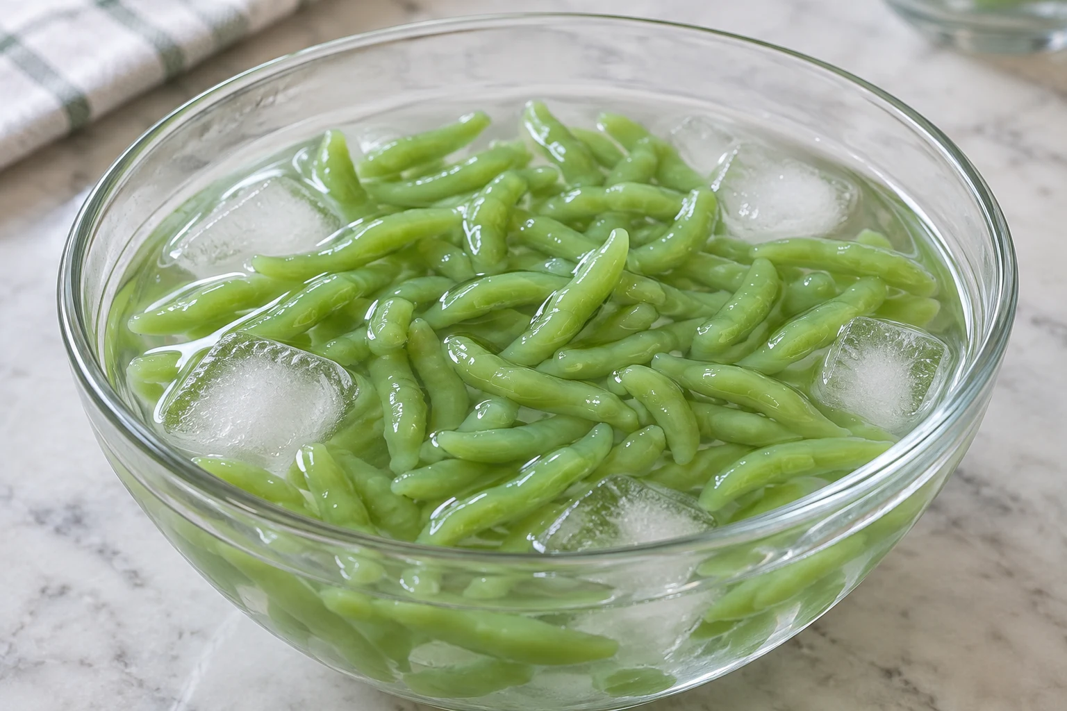 Short tapered green cendol jellies in a bowl of cold water with ice cubes