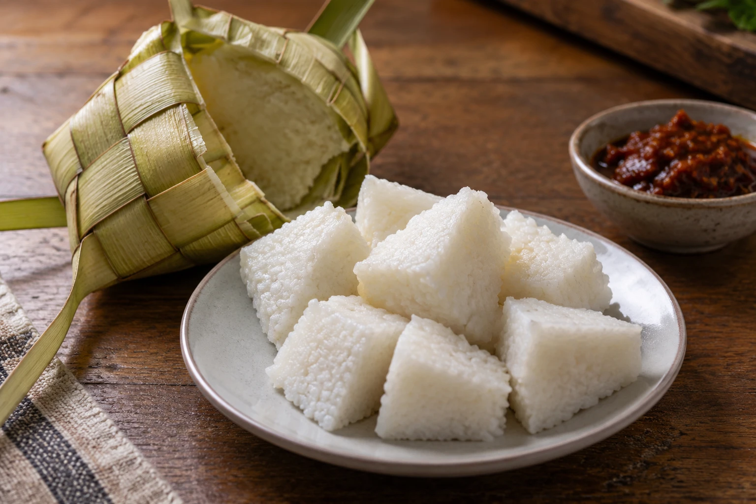 Cut white ketupat rice cakes beside an opened woven coconut-leaf casing and sambal