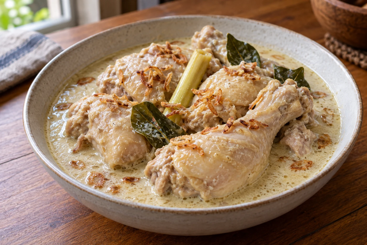 Bone-in chicken in pale coconut gravy with lemongrass, leaves and fried shallots