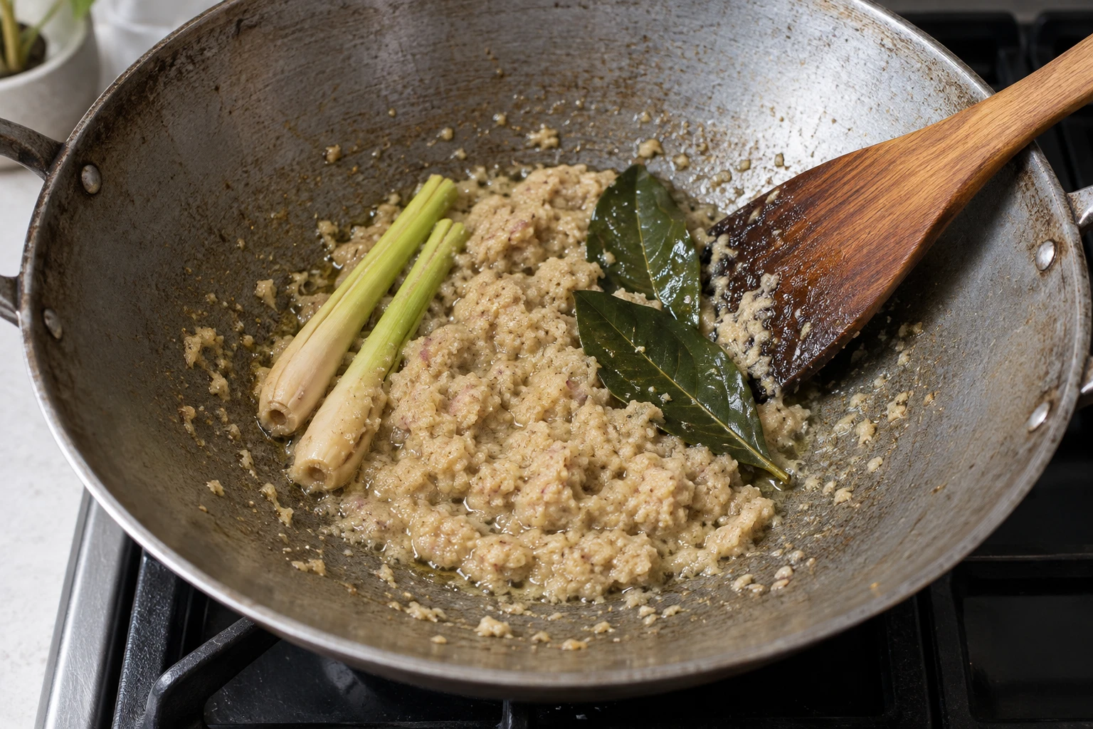 Beige spice paste frying in a wok with lemongrass and aromatic leaves