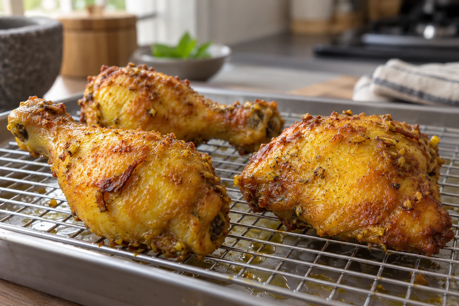 Three golden fried chicken pieces with fine spice flecks draining on a wire rack.