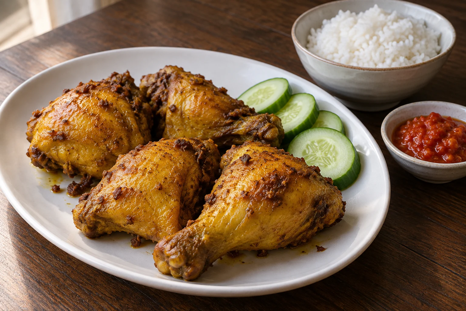 Golden turmeric-spiced chicken on a white platter beside cucumber, rice and red sambal.