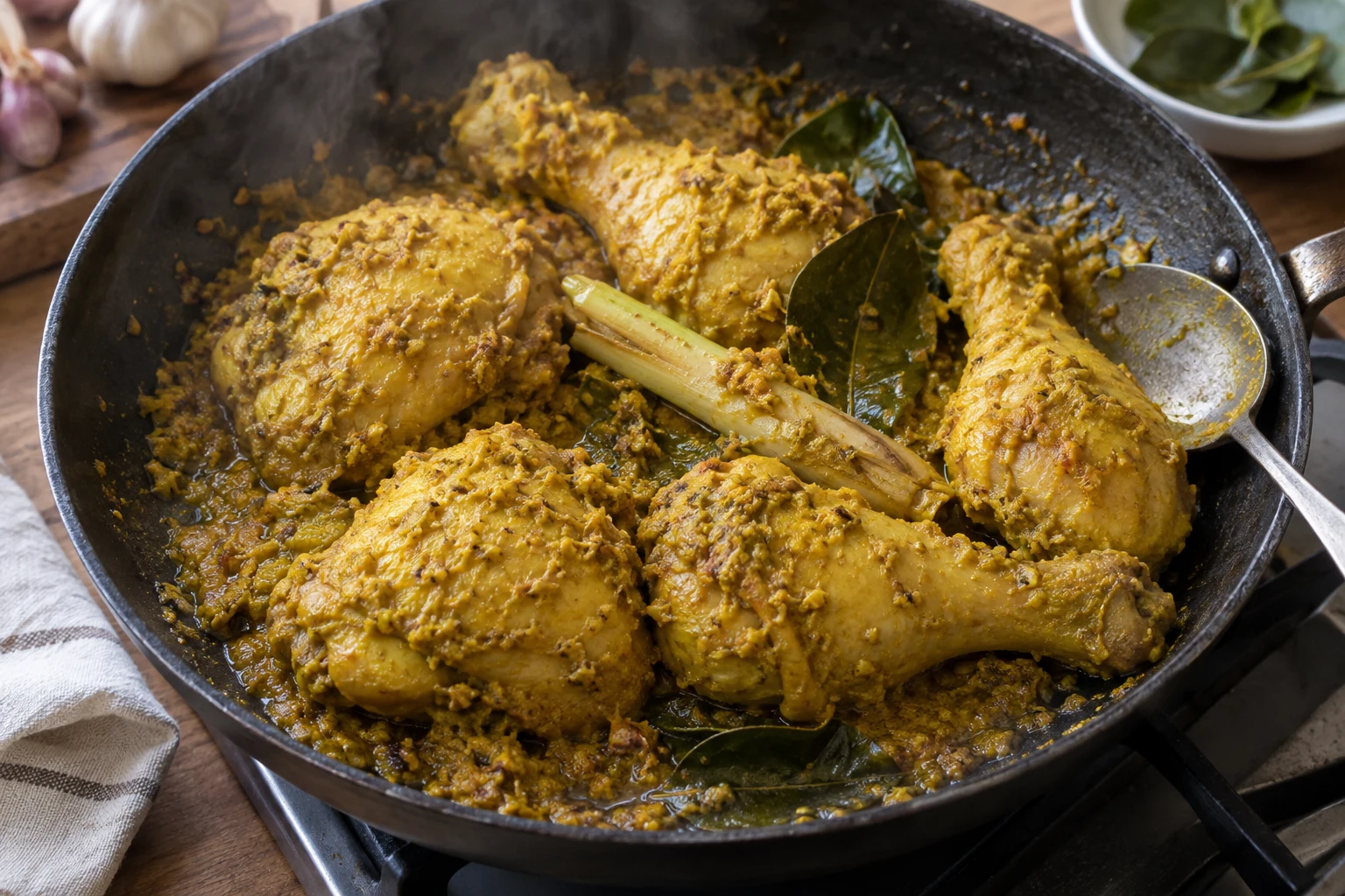 Yellow chicken pieces coated in reduced spice paste in a pan with lemongrass and salam leaves.