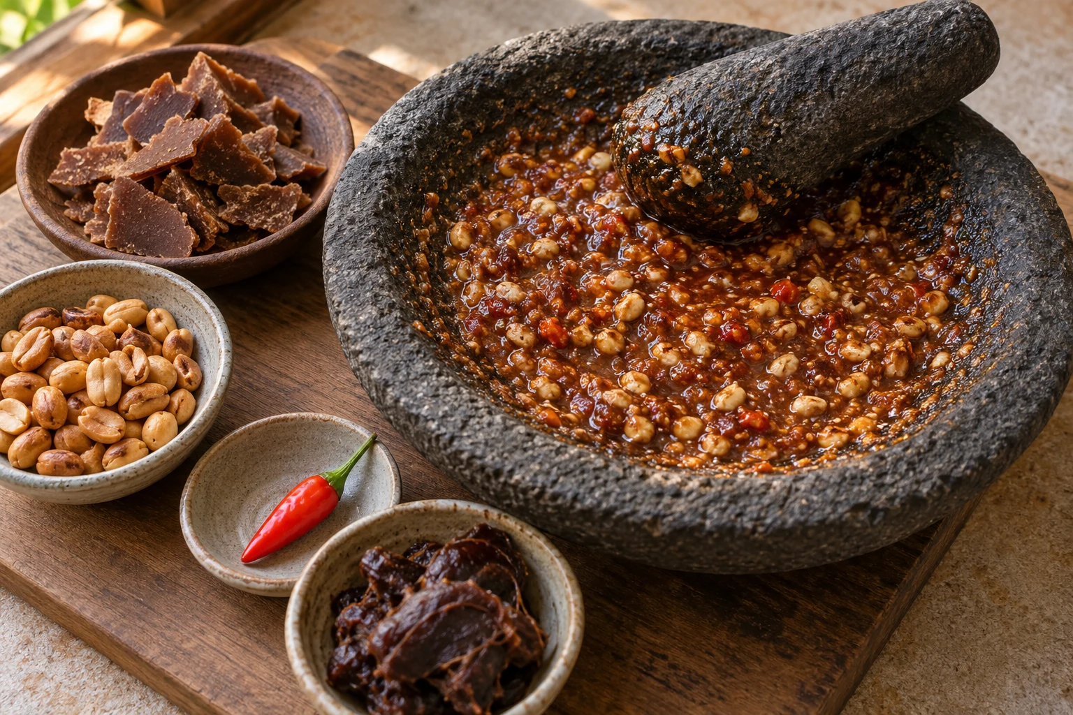 Coarse peanut and palm-sugar dressing in a broad stone mortar beside chili and tamarind