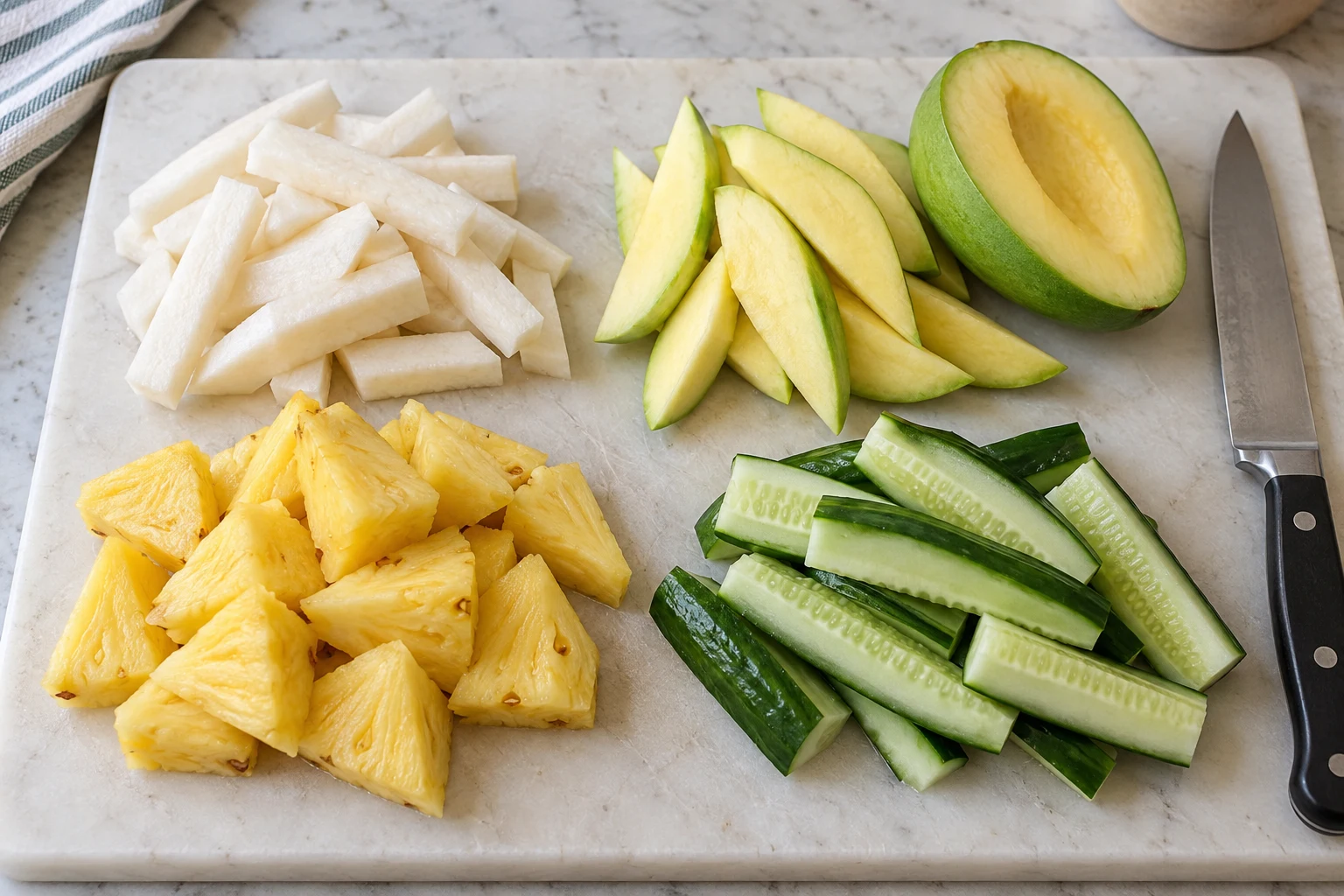 Prepared white jicama sticks, firm mango wedges, pineapple chunks and cucumber spears on a board