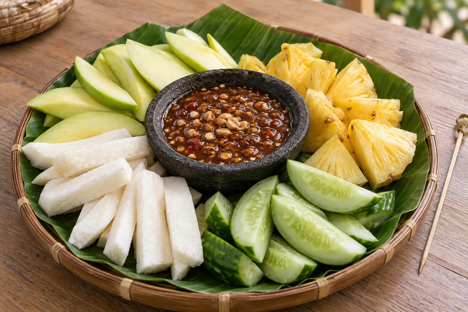 Mango, pineapple, jicama and cucumber arranged around a bowl of brown peanut and palm-sugar sauce