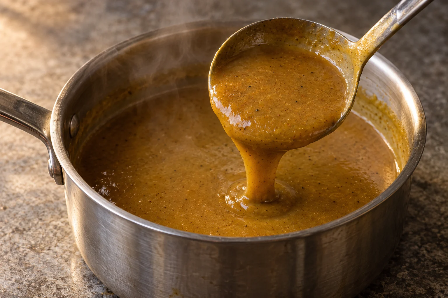 A metal ladle showing a smooth ribbon of thick golden-brown spiced sauce above a saucepan