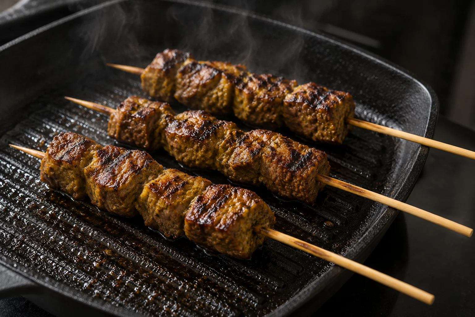 Three skewers of browned cooked beef cubes in a dark ridged grill pan