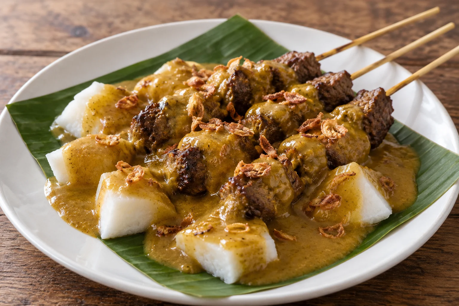 Three beef skewers and compressed white rice cakes covered with golden-brown sate Padang gravy and fried shallots