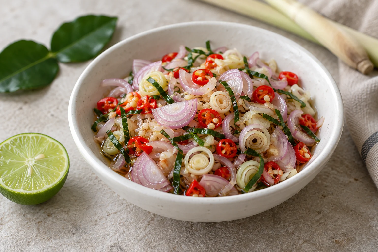Thin purple shallots, red chili rings, pale lemongrass and green citrus leaf ribbons in a small bowl