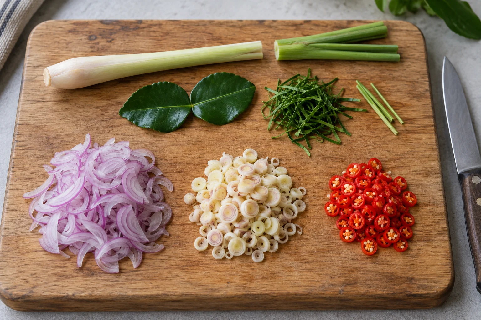 Separate piles of fine shallot, lemongrass and chili slices with makrut lime leaves on a board