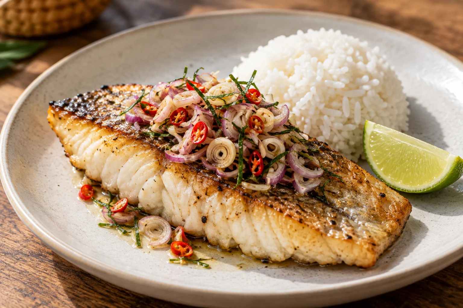 A spoonful of sliced sambal matah over cooked grilled fish beside white rice and lime