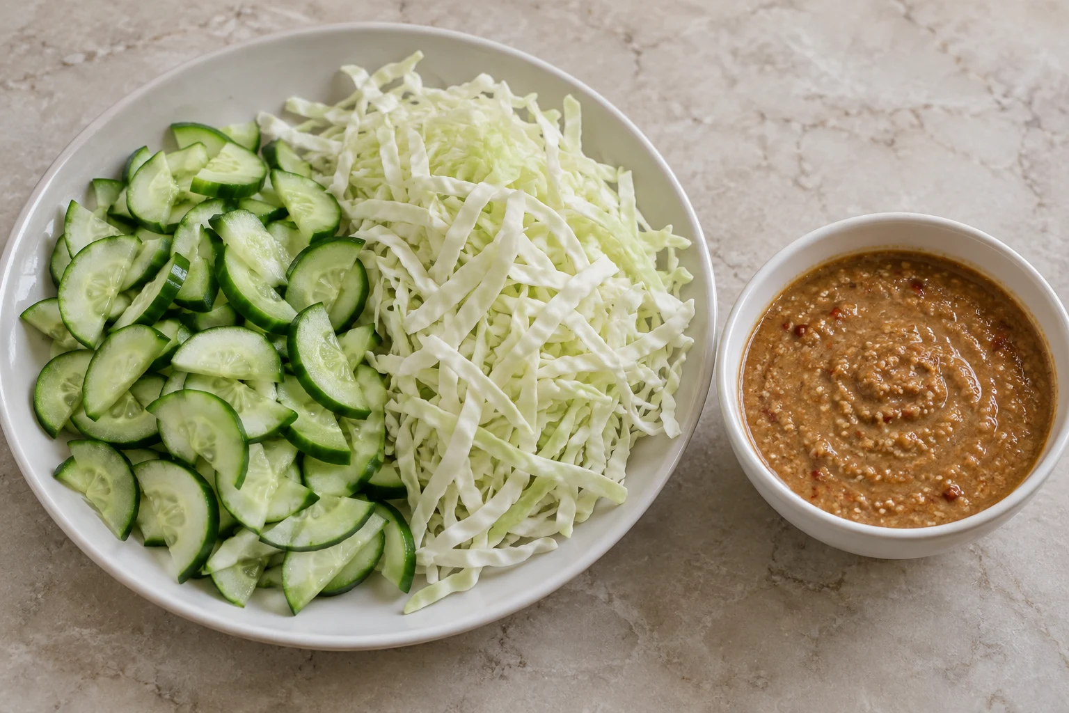 Thin cucumber slices and cabbage ribbons on a plate beside a separate bowl of peanut dressing
