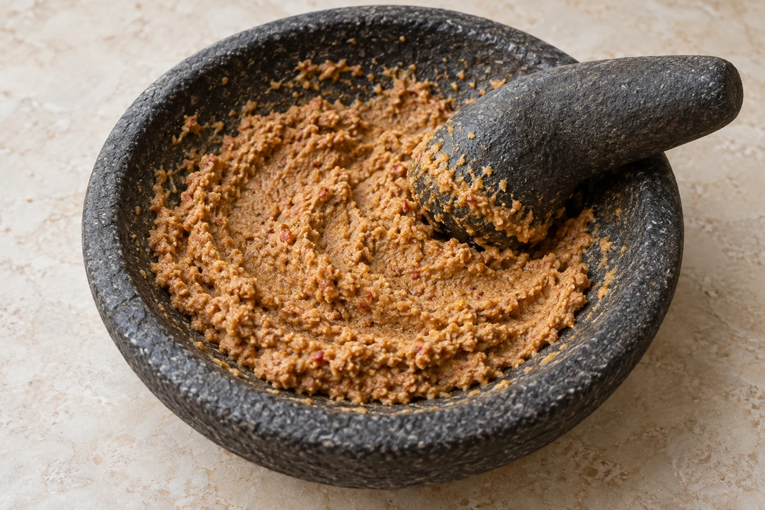 Thick tan peanut paste with fine chili flecks in a shallow stone mortar beside its pestle