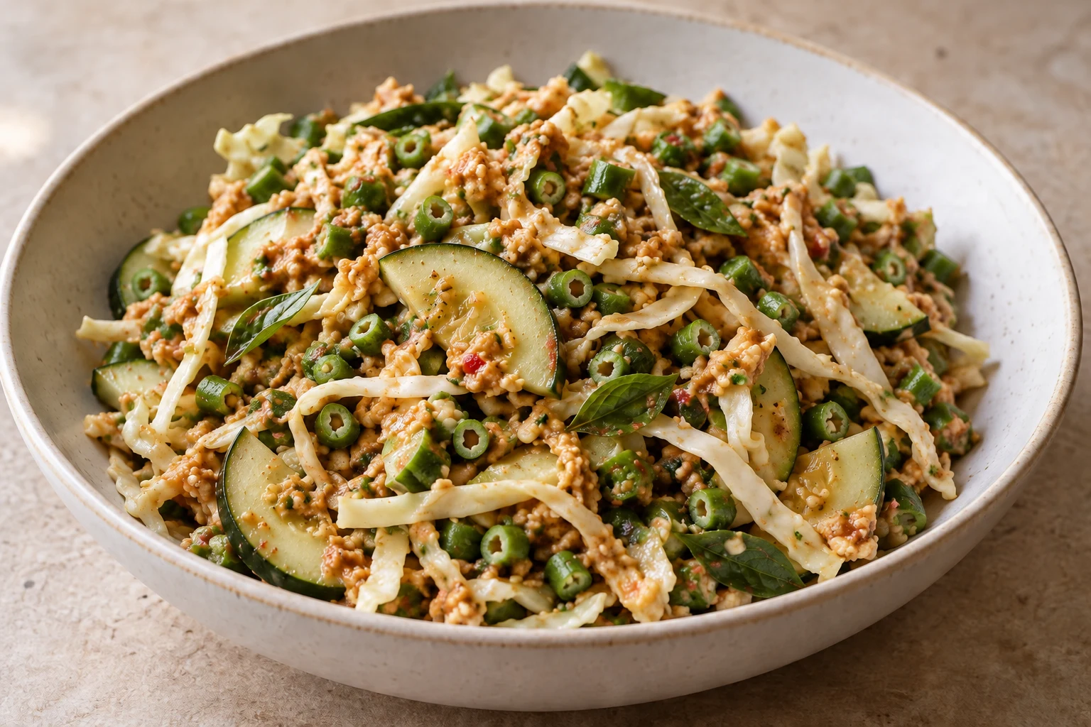 Cucumber, cabbage, small yardlong-bean pieces and kemangi leaves coated in a textured peanut dressing