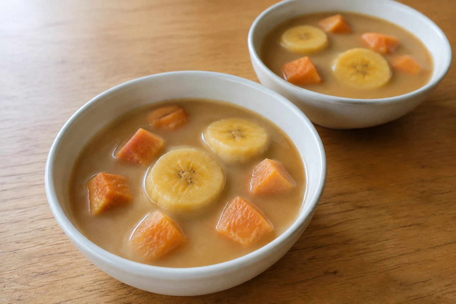 Two small bowls of kolak with golden banana rounds and orange sweet-potato pieces in light brown coconut broth
