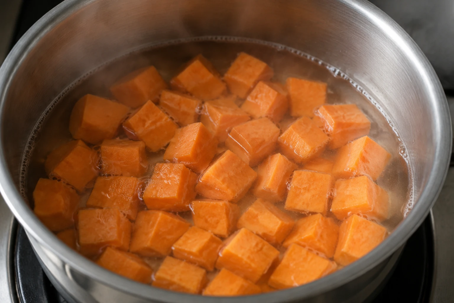 Orange sweet-potato cubes gently simmering in clear water in a stainless-steel saucepan