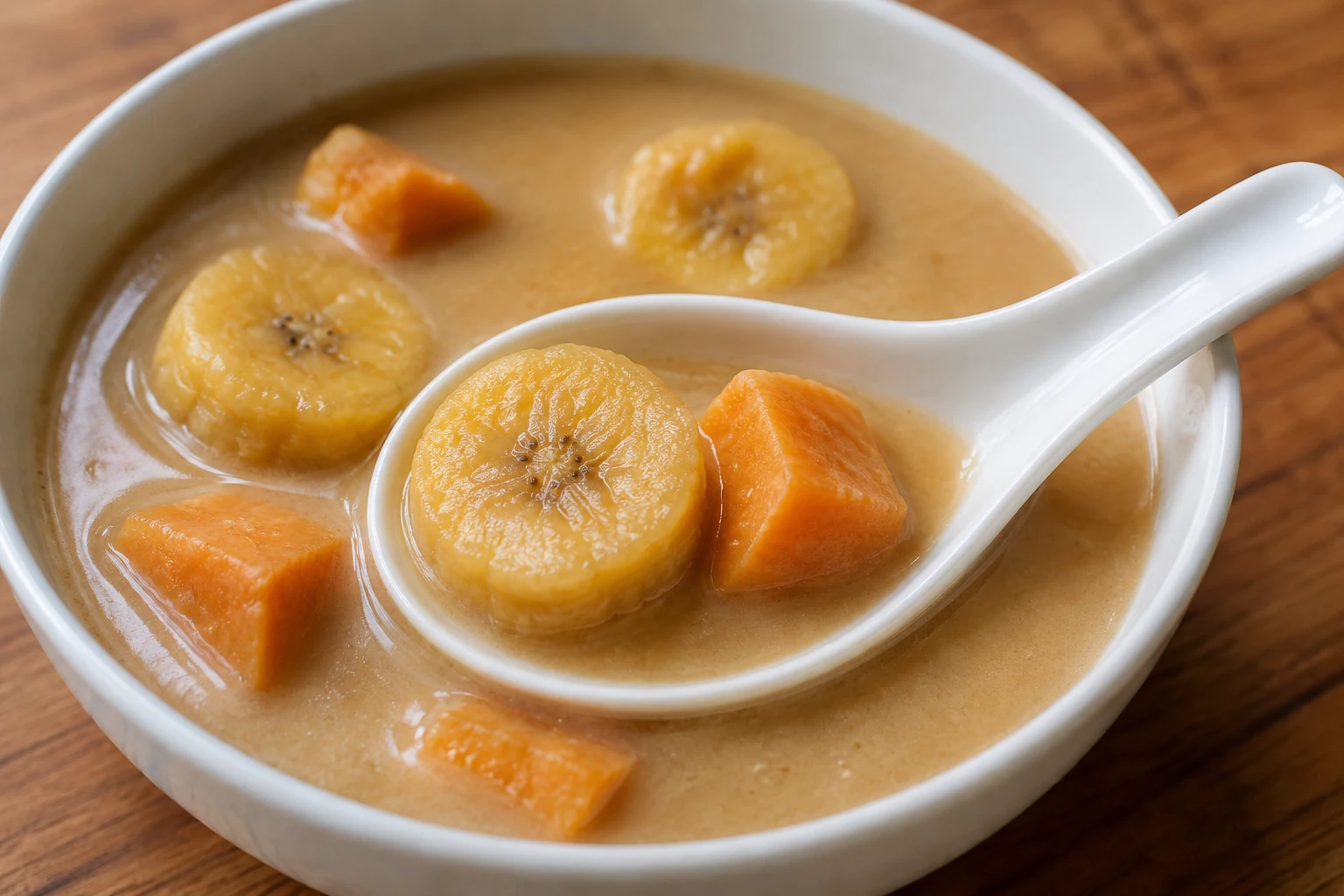 A ceramic spoon resting in kolak holds a cooked banana slice and a tender orange sweet-potato piece
