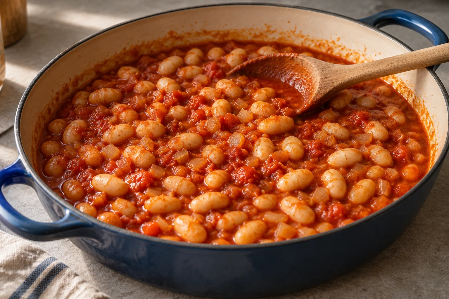 Whole white beans in a loose tomato sauce in a shallow blue enamel pot with a wooden spoon