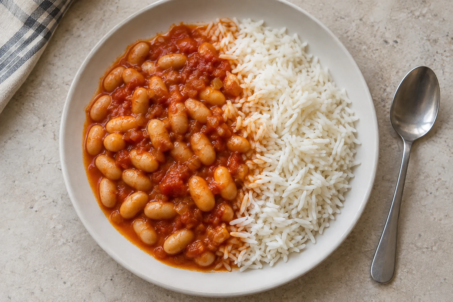 White beans in red tomato sauce beside and partly over fluffy white rice on a pale plate