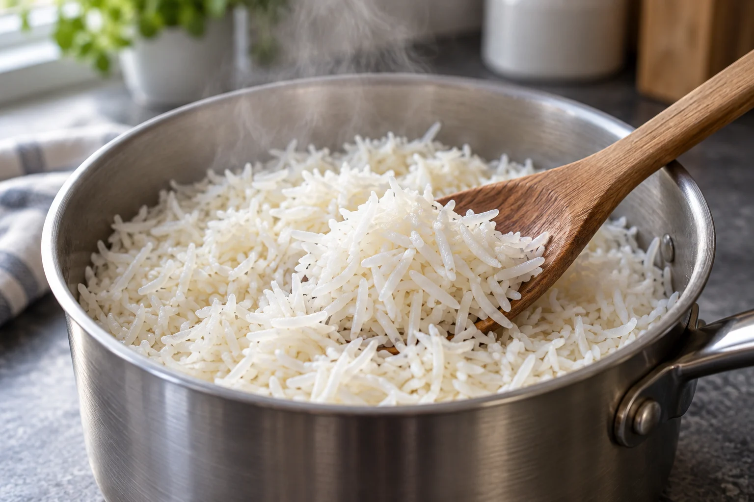 A wooden spoon lifting separate cooked basmati grains inside a metal saucepan