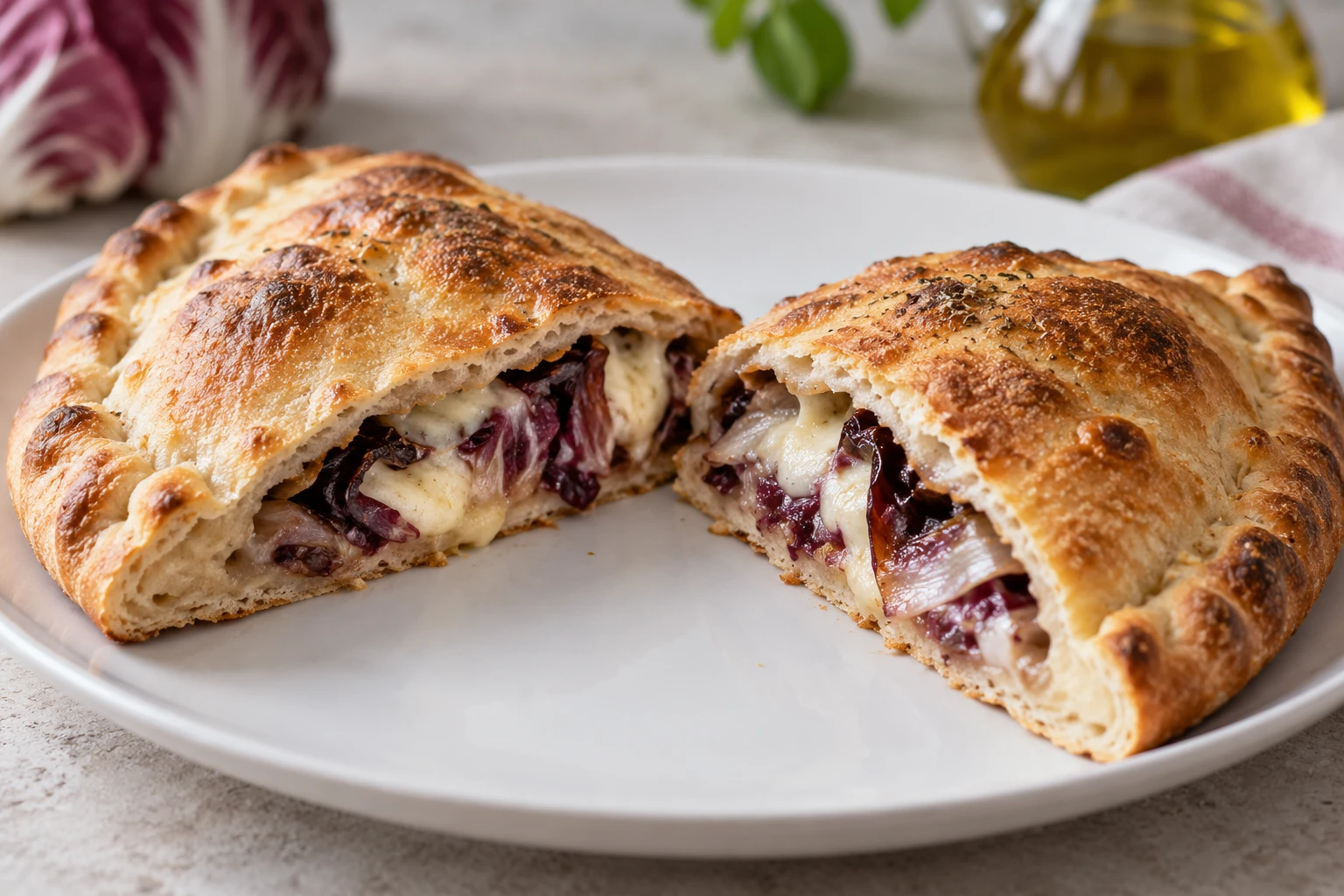 Two cut halves of a baked calzone reveal cooked bread crust around melted cheese and radicchio