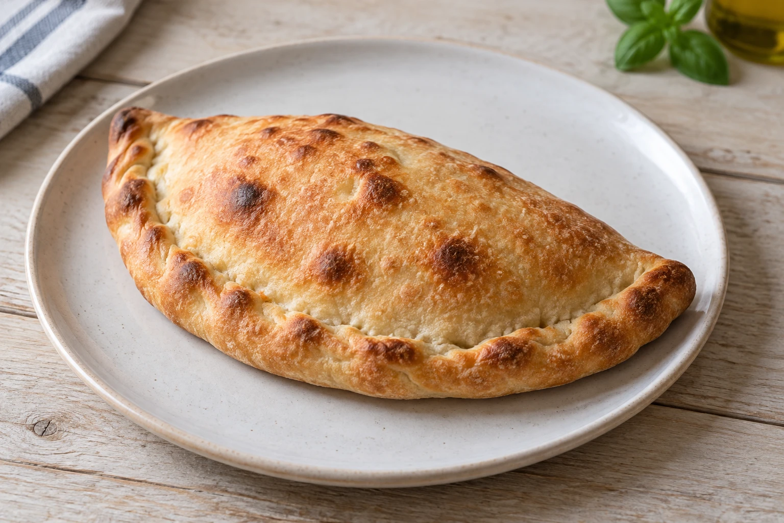 A golden baked half-moon calzone with a pinched curved edge on a plain plate