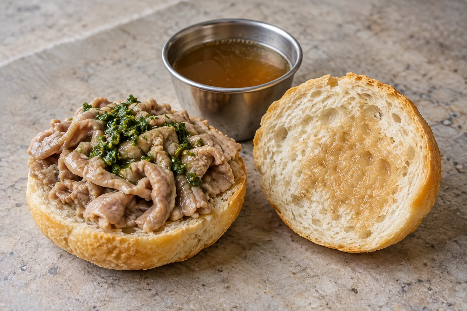 The filled lower half of a lampredotto roll beside its broth-moistened top half and a small cup of broth
