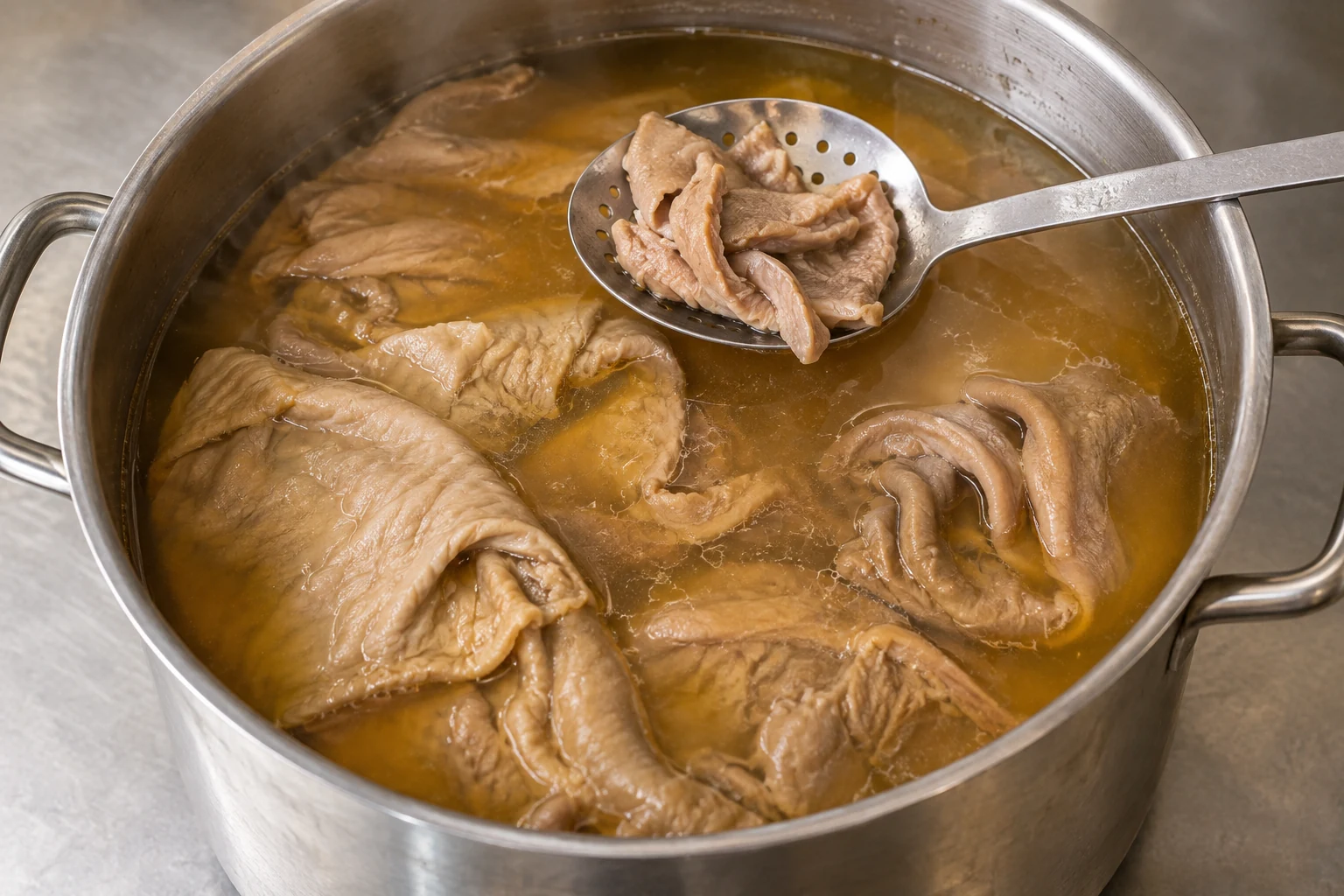 Soft folded cooked lampredotto pieces in amber broth, with a few pieces resting on a slotted spoon
