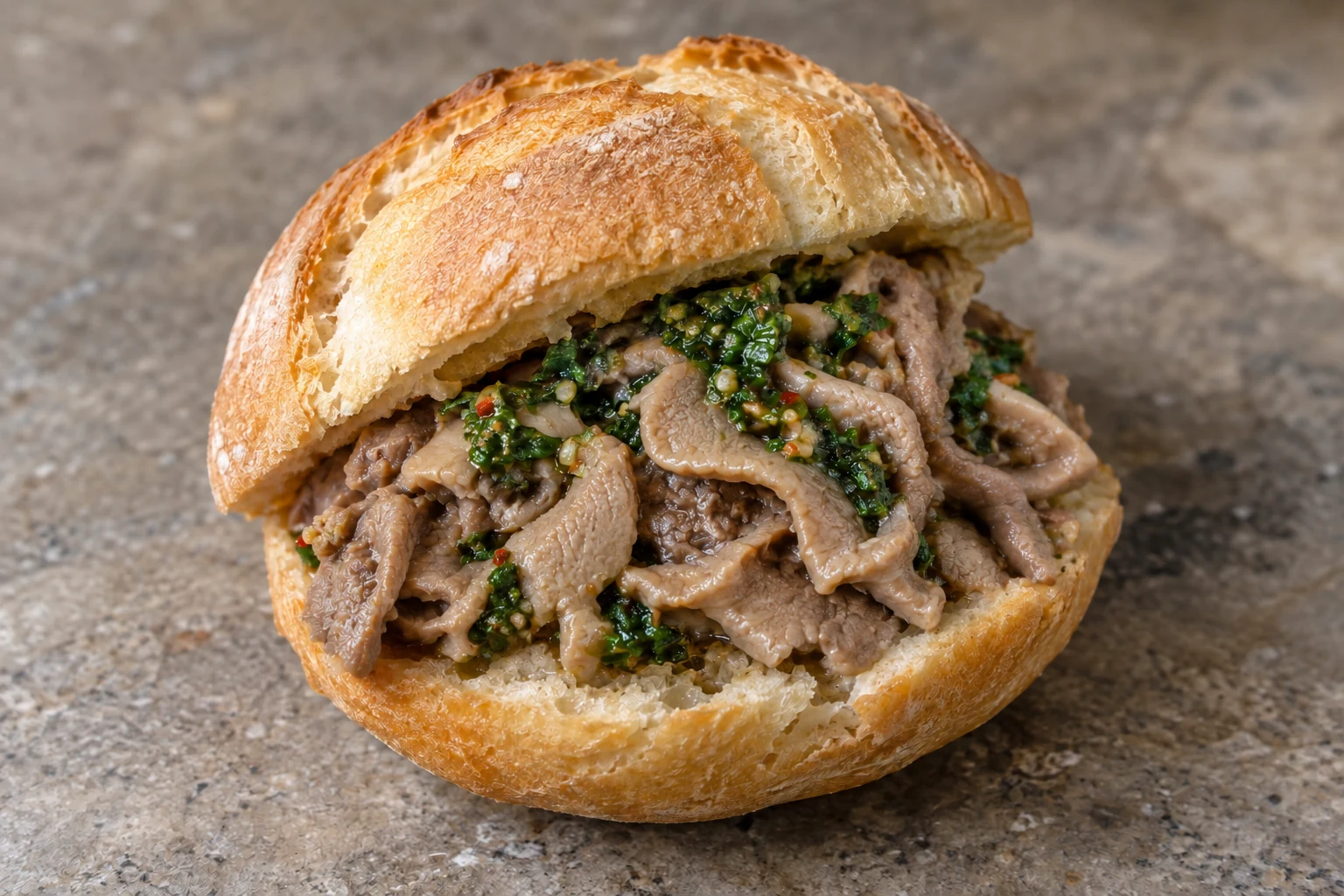 A round bread roll filled with soft cooked lampredotto and a little green sauce
